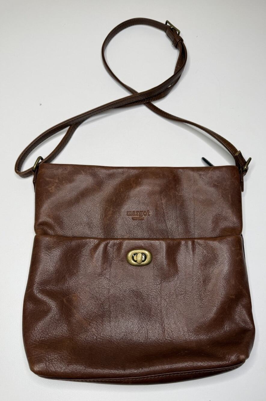 Margot New York Clara Turnlock Crossbody Brown Leather Zip Top Minimalist Purse